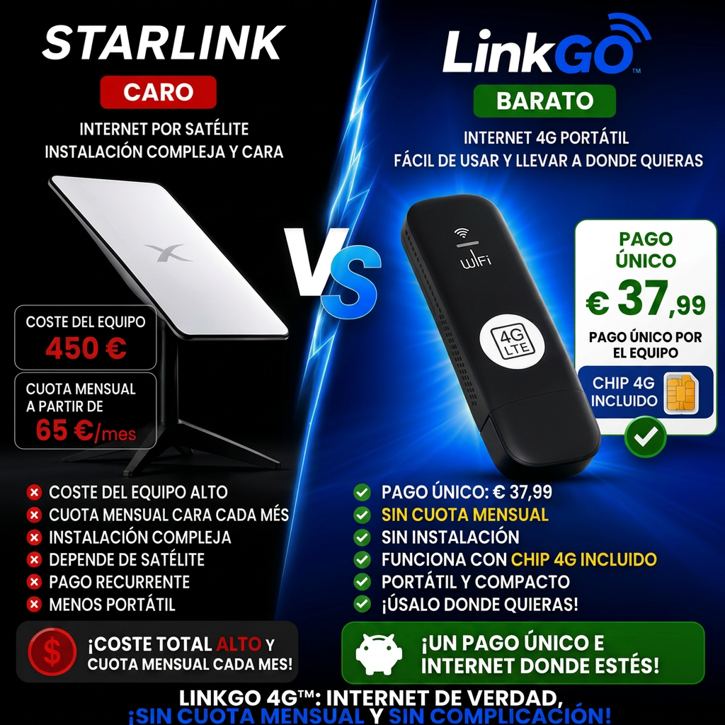 Comparativa Starlink caro con cuota mensual frente a LinkGo 4G barato con pago único